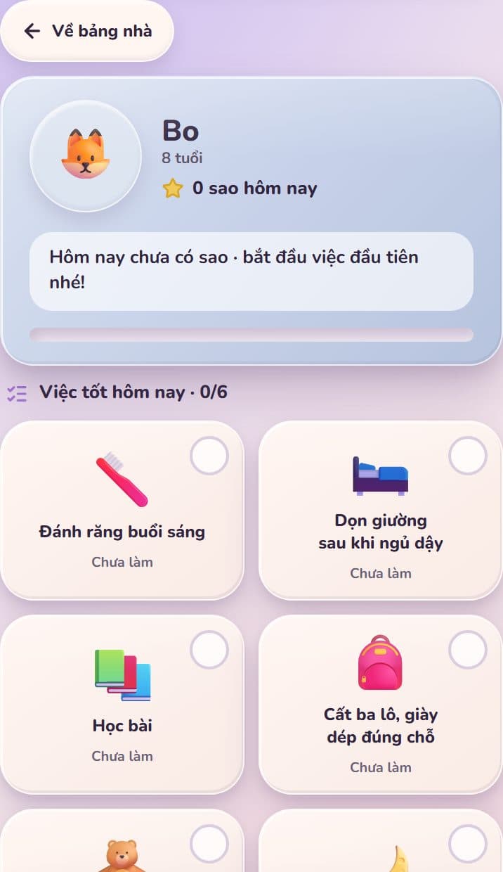 Bảng việc của Bo: đầu trang là nút "Về bảng nhà", thẻ giới thiệu Bo với "0 sao hôm nay", rồi lưới thẻ việc "Việc tốt hôm nay · 0/5" — mỗi thẻ có hình việc, tên việc, chữ "Chưa làm" và một ô tròn trống ở góc.
